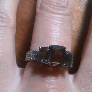 Brazilian Smoky Quartz Stainless Steel Three Stone Fancy Ring (Size 8)